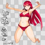  bad_id bad_pixiv_id barefoot bikini checkered checkered_background dated frown jumping long_hair mori_hikiko original red_bikini red_hair solo sweatdrop swimsuit teriyaki translated 