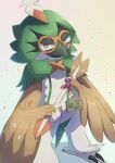  absurdres animal_focus arrow_(projectile) beak brown_feathers commentary_request confetti decidueye feathers gradient_background grey_background highres holding holding_arrow looking_at_viewer master_ball no_humans orange_pupils poke_ball pokemon pokemon_(creature) rayquaza signature talons tanpakuroom wings yellow_eyes 