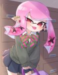 1girl :p amakusa_setoka bag commentary_request dot_nose ear_piercing eyelashes highres holding holding_bag indoors inkling_girl inkling_player_character long_hair looking_at_viewer piercing pink_hair pleated_skirt pointy_ears purple_bag red_eyes skirt solo splatoon_(series) standing tentacle_hair tongue tongue_out v-shaped_eyebrows 