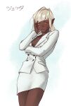  1girl absurdres blonde_hair breasts cleavage collarbone dark-skinned_female dark_skin hair_intakes highres jacket long_hair mole mole_on_breast mole_under_eye no_bra original pointy_ears roman_komarov suit white_suit yellow_eyes 