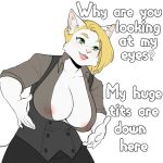 big_breasts big_butt blonde_hair breasts butt curvy_figure ear_piercing english_text felid feline female fur hair hi_res kiko_kempt kittydee mammal nipple_piercing nipples office_clothing piercing slightly_chubby slightly_chubby_female text white_body white_fur