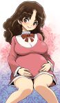  1girl breasts brown_hair closed_mouth dress eyelashes grey_eyes hands_on_own_stomach highres large_breasts long_hair long_sleeves muramasa_mikado olive_oyl_(princess_maker_2) pink_dress pregnant princess_maker_(series) princess_maker_2 sitting smile solo 