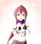  absurdres bikini_top cosplay detached_sleeves highres midriff navel ponytail purple_eyes purple_hair rivalun rivalun_(cosplay) solo sugiura_ayano yuru_yuri 