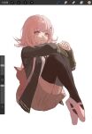  1girl backpack bag black_jacket black_thighhighs brown_skirt closed_mouth danganronpa_(series) danganronpa_2:_goodbye_despair flipped_hair fu_ga_(vivi912912) highres jacket knees_up medium_hair miniskirt nanami_chiaki open_clothes open_jacket pink_bag pink_eyes pink_footwear shoes simple_background skirt solo spaceship_hair_ornament thighhighs 