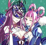  2girls :p bare_shoulders blue_dress breasts cleavage commentary_request dress facial_mark fire_emblem fire_emblem_engage gloves green_background hand_on_own_chest heart hortensia_(fire_emblem) ivy_(fire_emblem) juliet_sleeves large_breasts long_hair long_sleeves looking_at_viewer mole mole_under_mouth multicolored_hair multiple_girls off-shoulder_dress off_shoulder one_eye_closed puffy_sleeves purple_eyes purple_hair siblings sisters streaked_hair tongue tongue_out umi_(_oneinchswing) very_long_hair white_gloves 