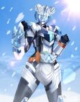  1girl absurdres alchemisdriver alternate_costume armor blue_background blue_bodysuit blue_eyes bodysuit cerberus claw_(weapon) claws clenched_hand clenched_hands compound_eyes contrapposto crystal highres ice jewelry kamen_rider kamen_rider_gotchard_(series) kamen_rider_majade looking_at_viewer moon mooncerberus neminemoon official_alternate_costume power_armor reiei_8 ring sunlight weapon white_armor yoacerberus 