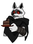 anthro arm_wrapping arm_wraps cake canid canine canis claws clothing death_(puss_in_boots) dessert dreamworks facial_markings food frown fur go_od8 head_markings hi_res holding_food holding_object looking_at_object male mammal markings mask_(marking) plate poncho puss_in_boots_(dreamworks) red_eyes simple_background solo white_background white_body white_fur wolf wrapped_arms wraps