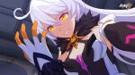  1girl ahoge breasts copyright_name crosshair_pupils evil_smile gloves highres honkai_(series) honkai_impact_3rd kiana_kaslana kiana_kaslana_(herrscher_of_the_void) logo long_hair official_art second-party_source smile symbol-shaped_pupils white_hair yellow_eyes 