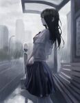  1girl absurdres bell black_eyes black_hair black_skirt blurry blurry_background building bus_stop closed_mouth clothes_lift cowbell dripping expressionless from_side highres kyano_(kyanora3141) lamppost lifted_by_self long_hair midriff necktie original pleated_skirt puddle rain red_necktie school_uniform see-through see-through_shirt shirt skirt skirt_lift skyscraper solo taking_shelter water wet wet_clothes white_shirt wooden_bench 