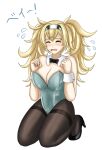  1girl aqua_leotard black_pantyhose blonde_hair breasts chibiosaka crying embarrassed gambier_bay_(kancolle) hair_between_eyes hairband high_heels kantai_collection large_breasts long_hair open_mouth pantyhose playboy_bunny sitting solo twintails wariza 