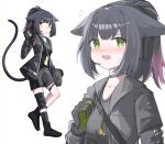  1girl absurdres animal_ears arknights black_choker black_footwear black_gloves black_hair black_jacket black_shirt black_shorts black_socks blush boots breasts cat_ears cat_girl cat_tail choker commentary_request cross-laced_footwear ear_piercing ear_protection flying_sweatdrops gloves green_eyes green_gloves gun handgun headset highres holding holding_gun holding_weapon jacket jessica_(arknights) lace-up_boots long_sleeves medium_breasts multicolored_hair multiple_views nose_blush open_clothes open_jacket open_mouth piercing pink_hair ponytail puffy_long_sleeves puffy_sleeves shirt shorts simple_background socks spam_(spamham4506) tail tears two-tone_hair weapon white_background 
