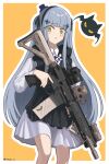  1girl absurdres apron assault_rifle black_apron black_hairband blue_hair blush_stickers bow bowtie checkered_bow checkered_bowtie checkered_clothes cowboy_shot cross_hair_ornament dress frilled_apron frills girls&#039;_frontline green_eyes gun h&amp;k_hk416 hair_ornament hairband hat highres hk416_(black_kitty&#039;s_gift)_(girls&#039;_frontline) hk416_(girls&#039;_frontline) holding holding_gun holding_weapon long_hair looking_at_viewer mini_hat mini_top_hat official_alternate_costume orange_background parted_lips purple_headwear rifle solo teardrop_facial_mark teardrop_tattoo top_hat trigger_discipline twitter_username two-tone_background v0w0v_v2 very_long_hair weapon white_dress 