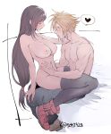  1boy 1girl arm_on_another&#039;s_shoulder biceps black_hair black_thighhighs blonde_hair blush breasts closed_eyes cloud_strife final_fantasy final_fantasy_vii final_fantasy_vii_remake heart highres large_breasts long_hair low-tied_long_hair mugikoma nipples nude pectorals red_footwear simple_background sitting sitting_on_lap sitting_on_person spiked_hair spoken_heart thighhighs tifa_lockhart topless_male 