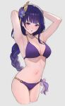  1girl :o absurdres armpits arms_up bare_arms bare_shoulders bikini blush braid braided_ponytail breasts cleavage genshin_impact grey_background hair_ornament highres large_breasts long_hair looking_at_viewer mole mole_under_eye open_mouth purple_bikini purple_eyes purple_hair raiden_shogun simple_background solo sooon swimsuit 