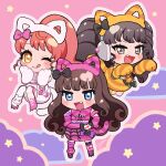  3girls :d animal_ear_hairband animal_ears animal_hands black_hair blue_eyes blunt_bangs bow brown_hair cat_ear_hairband cat_ears chibi cloud commentary_request fake_animal_ears fang full_body fur_scarf gaaruru_(pripara) gloves hair_bow hairband hands_on_own_hips hands_up headphones highres kurosu_aroma long_hair looking_at_viewer momokan_(mmkn100) multiple_girls one_eye_closed open_mouth orange_skirt outline paw_gloves paw_shoes pink_background pink_bow pink_skirt ponytail pretty_series pripara red_hair shiratama_mikan sidelocks skirt smile standing star_(symbol) tongue tongue_out twintails v-shaped_eyebrows white_skirt 