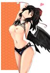  arched_back arm_up black_hair breasts cutoffs denim denim_shorts groin hair_over_one_eye harusame_(unmei_no_ikasumi) hat head_back heart looking_at_viewer medium_breasts navel nipples pointy_ears red_eyes seigaiha shameimaru_aya shirt_lift short_hair short_shorts short_sleeves shorts smile solo thighs tokin_hat touhou wings 