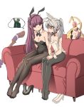  2girls absurdres animal_ears bare_shoulders bow bowtie breast_envy breasts collarbone couch detached_collar earrings elf fake_animal_ears fake_tail fern_(sousou_no_frieren) frieren green_eyes high_heels highres himmel_(sousou_no_frieren) jewelry large_breasts leotard long_hair looking_at_another mangpum_(taro109210) multiple_girls pantyhose playboy_bunny pointy_ears ponytail purple_eyes purple_hair rabbit_ears rabbit_tail shaded_face shoes simple_background sitting small_breasts sousou_no_frieren staff statue strapless strapless_leotard tail thinking thought_bubble twintails unworn_shoes white_hair wrist_cuffs 
