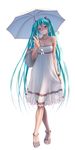 aqua_eyes aqua_hair bag bare_shoulders collarbone crossed_legs dress feet full_body grin hatsune_miku head_tilt high_heels jewelry long_hair looking_at_viewer nail_polish necklace open_toe_shoes sandals shoes simple_background skirt_hold smile solo standing strappy_heels toenail_polish toes twintails umbrella very_long_hair vocaloid watson_cross white_background white_dress wokada 