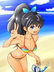  bad_id bad_pixiv_id beach bikini black_hair blue_eyes breasts cleavage diving_mask earrings fang ganaha_hibiki high_ponytail idolmaster idolmaster_(classic) jewelry long_hair medium_breasts nagano_kyounosuke ponytail snorkel swimsuit v 