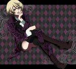  alois_trancy black_legwear blonde_hair blue_eyes boots crossed_legs esueichi full_body kuroshitsuji male_focus sitting smile thighhighs 