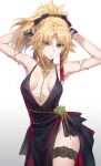  1girl armpits arms_behind_head arms_up bare_shoulders belly_chain black_dress blonde_hair braid breasts bridal_garter collarbone commentary_request dress fate/apocrypha fate_(series) french_braid green_eyes hair_ribbon highres jewelry long_hair looking_at_viewer mordred_(fate) mordred_(fate/apocrypha) parted_bangs ponytail revision ribbon sidelocks small_breasts solo tonee 