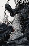  blood bloodborne bridal_veil closed_mouth commentary dagger drenched-in-sunlight dress english_commentary highres holding holding_dagger holding_knife holding_weapon knife mergo&#039;s_wet_nurse pale_skin scythe v-shaped_eyebrows veil weapon wedding_dress white_background white_hair yharnam_phtumerian_queen 