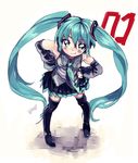  amezawa_koma aqua_eyes aqua_hair boots detached_sleeves hands_on_hips hatsune_miku headset long_hair looking_at_viewer necktie skirt smile solo thigh_boots thighhighs twintails very_long_hair vocaloid 
