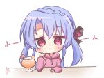  1girl :&lt; alternate_costume black_bow blue_hair blush bow casual chibi closed_mouth cocktail_glass commentary cup drink drinking_glass hair_bow hand_up highres hood hood_down hoodie long_hair looking_at_viewer pink_hoodie red_eyes sidelocks signature simple_background solo sorakado_ao sound_effects summer_pockets thinking upper_body utuigawa white_background 