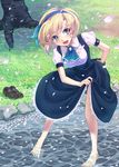  :d ascot barefoot blonde_hair blue_eyes blue_hair blush cherry_blossoms dress feet grass hairband loafers maru_(sara_duke) open_mouth original petals shoes shoes_removed short_hair skirt_hold smile solo standing tree wading water 