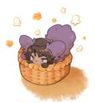  1boy :3 animal_ears basket black_gloves chibi dark-skinned_male dark_skin e.g.o_(project_moon) gloves heathcliff_(project_moon) in_basket limbus_company project_moon purple_eyes simple_background solo tail uchimura_(rino0525) white_background wolf_boy wolf_ears wolf_tail 