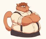 anthro brown_body brown_fur brown_hair clothed clothing crossed_arms domestic_cat dress_shirt fangs felid feline felis fur hair male mammal overweight overweight_anthro overweight_male pat_(rabbitpatches) rabbitpatches shirt solo suspenders tail teeth topwear whiskers
