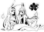  2girls all_fours animal_ear_fluff animal_ears azur_lane barefoot bird_hair_ornament breasts closed_mouth dress fox_ears fox_girl hair_ornament highres lineart long_hair long_sleeves looking_at_viewer manjuu_(azur_lane) monochrome multiple_girls nagato_(azur_lane) parted_lips pleated_dress rabbit_ears rabbit_girl sakura_empire_(emblem) shimakaze_(azur_lane) short_dress simple_background sitting small_breasts smile umyonge_(lkakeu) underboob 