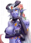  alisfieze_fateburn_xvi breast_hold breasts cleavage cleavage_cutout demon_girl earrings elbow_gloves flower gloves hair_flower hair_ornament horns ian_chase jewelry lamia large_breasts long_hair mon-musu_quest! monster_girl pointy_ears purple_skin sidelocks silver_hair tattoo very_long_hair yellow_eyes 