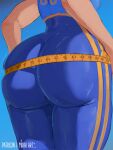  1girl ass ass_focus blue_pants blue_shirt chun-li cropped_shirt highres lower_body mirai_hikari pants shirt street_fighter street_fighter_zero_(series) tape_measure thighs tight_clothes tight_pants 