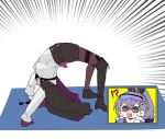  !? 2girls black_footwear closed_mouth drill_hair gloves goggles goggles_on_head grey_eyes grey_hair hands_on_floor high_ponytail highres honkai:_star_rail honkai_(series) kafka_(honkai:_star_rail) kanayuki meme multiple_girls open_mouth parody purple_gloves round_eyewear silver_wolf_(honkai:_star_rail) simple_background single_drill surprised sweatdrop teeth tv_show upper_teeth_only v-shaped_eyebrows 