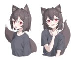  1girl absurdres animal_ear_fluff animal_ears black_shirt blush brown_hair ellu fang hand_on_own_chin highres looking_at_viewer multiple_views open_mouth original red_eyes shirt skin_fang smile stroking_own_chin t-shirt tail upper_body 