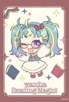  1girl ;d absurdres ahoge arm_up blonde_hair blue_hair blue_vest book bow chibi dress full_body glasses grey_hairband hair_bow hairband highres long_hair long_sleeves looking_at_viewer momokan_(mmkn100) multicolored_hair myamu one_eye_closed open_book open_mouth pretty_series purple_eyes red_bow smile solo sparkle standing streaked_hair twintails vest waccha_primagi! white_dress 