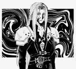  1boy abstract_background armor belt black_belt black_coat blood blood_on_face chest_strap coat expressionless final_fantasy final_fantasy_vii final_fantasy_vii_remake greyscale high_collar long_bangs long_coat long_hair looking_to_the_side male_focus monochrome mtr_dayoo multiple_belts parted_bangs pauldrons sephiroth shoulder_armor slit_pupils solo standing upper_body 