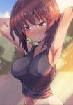  1girl armpits arms_behind_head arms_up black_tank_top blue_sky blush breasts brown_eyes brown_hair closed_mouth cloud cloudy_sky commentary cropped_shirt day frown girls_und_panzer half-closed_eyes highres jinguu_(4839ms) looking_at_viewer medium_breasts midriff navel nishizumi_maho outdoors short_hair sky solo sportswear standing sunlight tank_top 