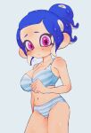  1girl blue_background blue_bra blue_panties blush bra breasts closed_mouth collarbone commentary_request doro_mizu_831 eyelashes highres large_breasts looking_at_viewer medium_hair navel octoling_girl octoling_player_character panties ponytail simple_background solo splatoon_(series) standing striped_clothes striped_panties underwear 