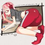  all_fours ass bad_id bad_pixiv_id bow eraser glasses hair_bow hairband nakahara_(teriyaki) notebook original pink_hair red_eyes shirt short_hair shorts socks solo sweat t-shirt teriyaki translation_request 