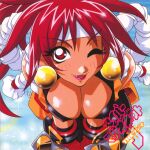  1990s_(style) 1girl bloodberry breasts cleavage covered_nipples earrings fangs gloves headband highres jewelry kotobuki_tsukasa large_breasts leaning_forward lipstick long_hair looking_at_viewer makeup non-web_source official_art one_eye_closed open_mouth red_eyes red_hair retro_artstyle rope saber_marionette_j scan shimenawa solo 