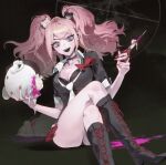  1girl :d absurdres ass baekryang bear_hair_ornament black_choker black_footwear black_panties black_shirt blood boots bow breasts brown_background choker cleavage collarbone danganronpa:_trigger_happy_havoc danganronpa_(series) enoshima_junko gradient_background hair_ornament high_heel_boots high_heels highres holding holding_scissors knees_up large_breasts monokuma necktie panties pink_blood red_bow scissors shirt sitting smile solo teeth twintails underwear upper_teeth_only white_necktie 