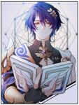  1boy black_gloves black_shirt blue_hair book closed_mouth collared_shirt dr._ratio_(honkai:_star_rail) fingerless_gloves gloves hair_between_eyes hair_ornament highres holding holding_book honkai:_star_rail honkai_(series) kikizhouu male_focus red_eyes shirt short_hair solo 