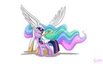  duo equine eyes_closed female feral friendship_is_magic fur hair horn horse mammal multi-colored_hair my_little_pony mysticalpha plain_background pony princess_celestia_(mlp) purple_fur shadow smile twilight_sparkle_(mlp) two_tone_hair unicorn white_background white_fur winged_unicorn wings 