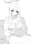  1girl blue_archive book breasts cleavage closed_mouth dress greyscale halo highres holding holding_book large_breasts long_hair long_sleeves marurumaru00 monochrome noa_(blue_archive) open_book reading simple_background sitting solo turning_page very_long_hair white_background 