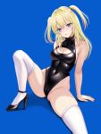  1girl black_footwear black_leotard blonde_hair blue_background blue_eyes breasts cleavage cleavage_cutout clothing_cutout commission high_heels highleg highleg_leotard highres leotard long_hair medium_breasts original simple_background skeb_commission solo spread_legs thighhighs tsukiyuki_mike turtleneck_leotard two_side_up white_thighhighs 