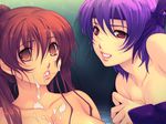  2girls ayane ayane_(doa) bare_shoulders blush breasts brown_eyes brown_hair cleavage collarbone cum cum_in_mouth cum_on_body cum_on_upper_body dead_or_alive empty_eyes facial headband kasumi kasumi_(doa) large_breasts long_hair looking_at_viewer multiple_girls nude orange_eyes pink_eyes ponytail purple_hair red_eyes short_hair simple_background smile tecmo yoko_juusuke 