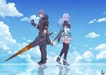  1boy 1girl absurdres back-to-back black_jacket black_thighhighs blue_sky boots cloud cloudy_sky collared_shirt cropped_jacket day firefly_(honkai:_star_rail) floating_hair from_side full_body grey_hair high_heel_boots high_heels highres holding holding_sword holding_weapon honkai:_star_rail honkai_(series) hood hood_down hooded_jacket jacket long_hair looking_ahead neckerchief orange_neckerchief outdoors reflective_floor ron_(hengyep) shirt short_hair signature sky sword thighhighs trailblazer_(honkai:_star_rail) weapon white_footwear white_shirt zettai_ryouiki 
