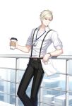  1boy 2022 against_railing belt black_belt black_pants blonde_hair building business_suit closers coffee_cup collared_shirt cup disposable_cup dress_shirt feet_out_of_frame highres holding holding_cup holding_paper id_card lanyard looking_to_the_side male_focus official_art pant_suit pants paper paperclip railing red_eyes salaryman shirt short_hair sleeves_pushed_up smile solo standing suit suspenders turning_head watch white_background white_shirt wolfgang_schneider wristwatch 